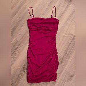 Garage Fuchsia Ruched Spaghetti-Strap Mini Dress